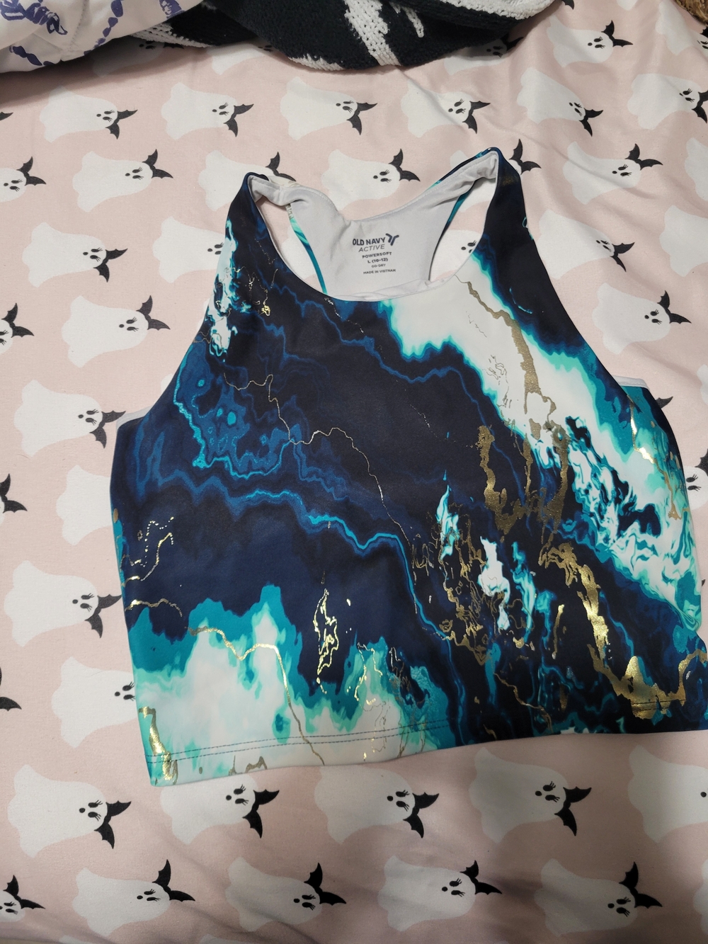 Old Navy Blue Marble-Print High-Neck Tank Top with Gold Accents